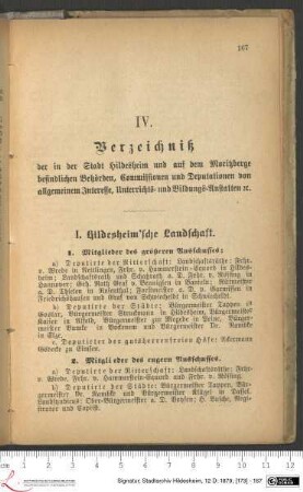IV. Verzeichniß der in der Stadt Hildesheim und auf dem Moritzberge befindlichen Behörden, Commissionen und Deputationen von allgemeinem Interesse, Unterrichts- und Bildungs-Anstalten etc.