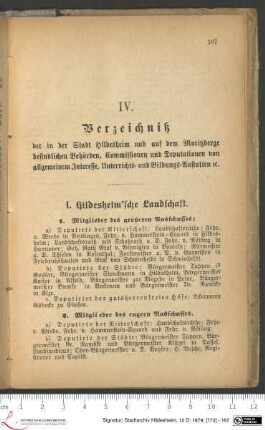IV. Verzeichniß der in der Stadt Hildesheim und auf dem Moritzberge befindlichen Behörden, Commissionen und Deputationen von allgemeinem Interesse, Unterrichts- und Bildungs-Anstalten etc.
