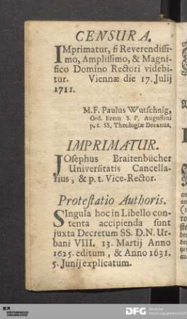 [CENSURA. / IMPRIMATUR. / Protestatio Authoris.]