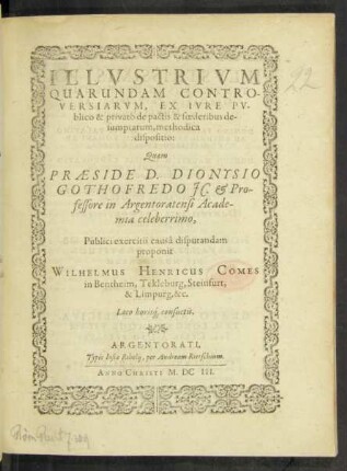 Illustrium Quarundam Controversiarum, Ex Iure Publico & privato de pactis & foederibus desumptarum, methodica dispositio