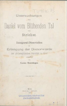 Untersuchungen über Daniel vom Blühenden Tal vom Stricker