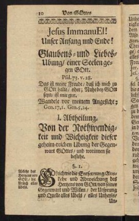 10-17, I. Abtheilung. Von der Nothwendigkeit und Wichtigkeit dieser geheim-reichen Übung der Gegenwart Gottes / und worinnen sie bestehe.
