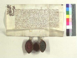 Abt Georg und der Konvent des Klosters St. Mathias zu Asbach schließen eine Gebetsverbrüderung mit St. Zeno;. S1: Abt Georg v. Kloster Asbach, S2: Konvent v. Asbach