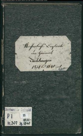 Kirchenbuchduplikat der katholischen Gemeinde Lüchtringen, Kreis Höxter (GHT 1831-1840). (Gemeinde: Katholische Gemeinde Lüchtringen)