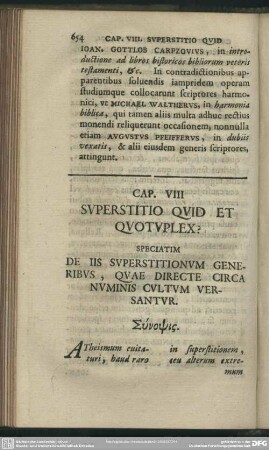 Cap. VIII Superstitio Quid Et Quotuplex? Speciatim De Iis Superstitionum Generibus, Quae Directe Circa Numinis Cultum Versantur
