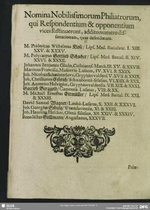 Nomina Nobilissimorum Philiatrorum, qui Respondentium & opponentium vices sustinuerunt, additio numero dissertationum, quas defenderunt