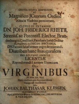 ... Joh. Friderici Rhetii Diatriben hanc inaug. de virginibus
