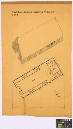 [Preußisch Ströhen] (Kreis Lübbecke):Altes Bauernhaus [Rohlfing]. Haupthaus (isometrische Darstellung, Grundriss)