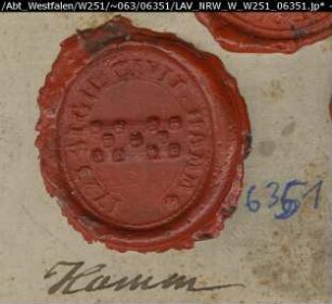 Siegler: Hamm Überlieferungsart: Abdruck. Stoff: Lack Farbe: rot Form: oval. Durchmesser: 23 mm