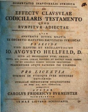 Dissertatio Inavgvralis Ivridica De Effectv Clavsvlae Codicillaris Testamento Qvod Rvmpitvr Adiectae