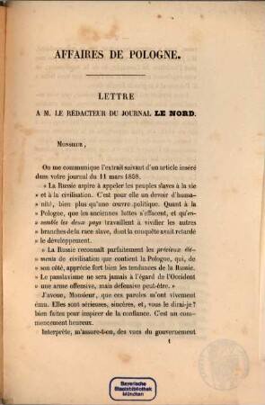 Affaires de Pologne : lettre à Monsieur le rédacteur du journal Le Nord