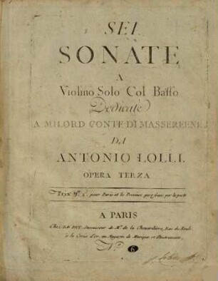 Sei sonate a violino solo col basso : opera terza