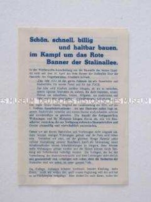 Propagandaflugblatt zum Baugeschehen in der Berliner Stalinallee