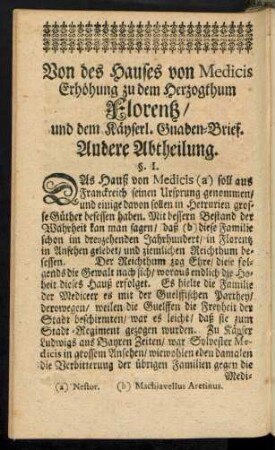 Von des Hauses von Medicis Erhöhung zu dem Herzogthum Florentz, und dem Käyserl. Gnaden-Brief. Andere Abtheilung.