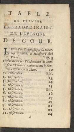 Table Du Premier Extraordinaire De L'Evesque De Cour.