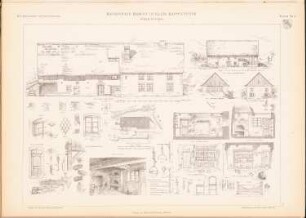 Bauernhaus Marcot, Klein-Rappoltstein: Ansichten von Osten, Details (aus: Das Bauernhaus im Deutschen Reiche und seinen Grenzgebieten, hrsg.v. Verbande Deutscher Architekten-und Ingenieurvereine, 1906)
