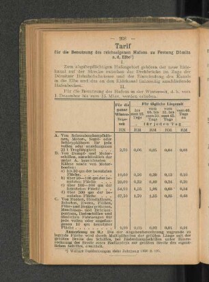 Tarif für die Benutzung des reichseigenen Hafens zu Festung Domlitz a. d. Elbe 1) I.