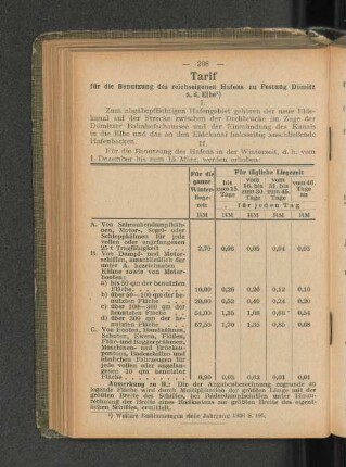 Tarif für die Benutzung des reichseigenen Hafens zu Festung Domlitz a. d. Elbe 1) I.