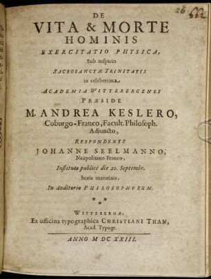 De Vita & Morte Hominis Exercitatio Physica