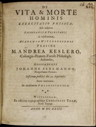 De Vita & Morte Hominis Exercitatio Physica