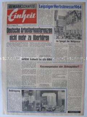 Propagandazeitung des FDGB der DDR zur Verbreitung in der Bundesrepublik u.a. zur Vorbereitung der Deutschen Arbeiterkonferenz und zur Leipziger Herbstmesse
