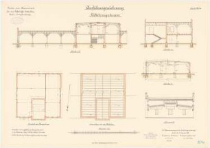 Kaserne für das Luftschiffer-Bataillon, Berlin-Jungfernheide: Feldfahrzeugschuppen: Grundriss Obergeschoss, Sparrenlage, Querschnitte, Längsschnitt, Seitenansicht 1:100
