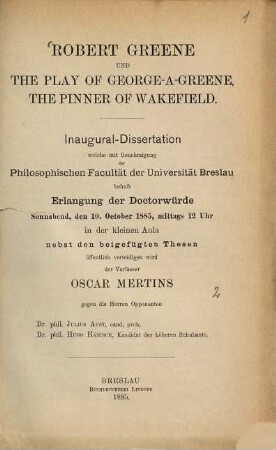 Robert Greene und the play of "George-a-Greene, the pinner of Wakefield"
