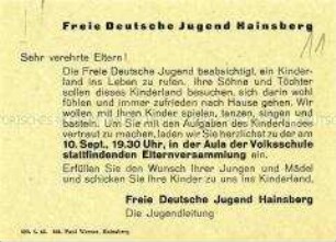 Einladung der FDJ zu einer Elternversammlung