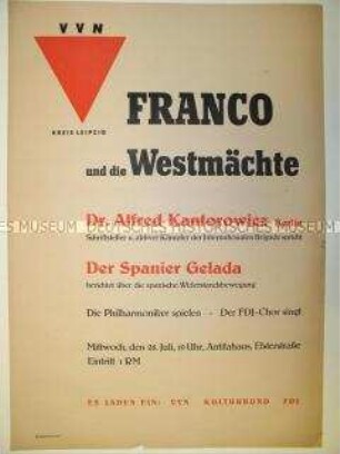 Maueranschlag des VVN Leipzig mit Ankündigung einer Rede von Alfred Kantorowicz über Franco und die Westmächte