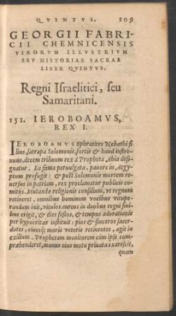 Georgii Fabricii Chemnicensis Virorum Illustrium Seu Historiae Sacrae Liber Quintus. Regni Israelitici, seu Samaritani.