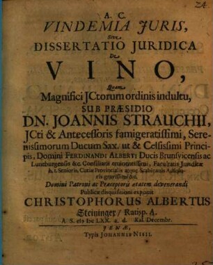 Vindemia Iuris Sive Dissertatio Iuridica De Vino
