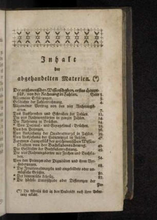 Inhalt der abgehandelten Materien.
