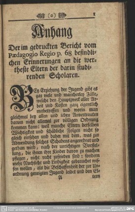 Anhang der im gedruckten Bericht vom Paedagogio Regio p. 68 befindlichen Erinnerungen an die wertheste Eltern der darin studirenden Scholaren