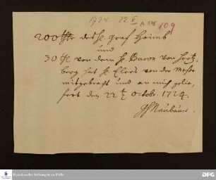 Quittung von Georg Heinrich Neubauer über 200 Taler von [Ludwig Gebhard ?] v. Hoym und 30 Taler von [Friedrich Wilhelm ?] v. Hertzberg.
