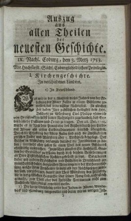 IX. Nachlese. Coburg, den 3. Merz. 1753.
