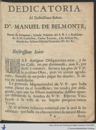 Dedicatoria Al Illustrissimo Señor Dn. Manuel De Belmonte.