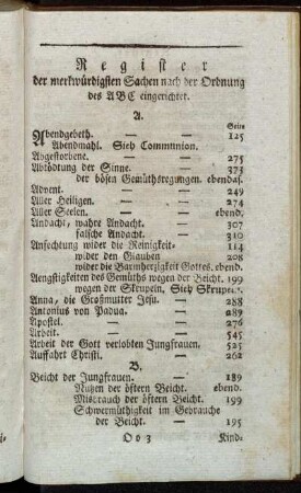 Register der merkwürdigsten Sachen nach der Ordnung des ABC eingerichtet.