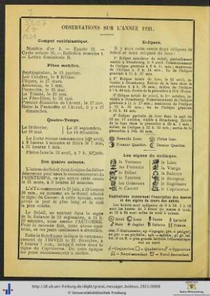 Observations sur l'année 1921.