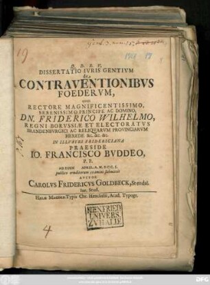 Dissertatio Ivris Gentivm de Contraventionibvs Foedervm