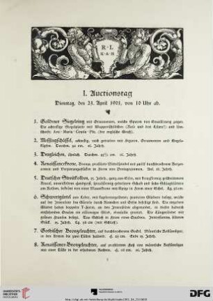 I. Auctionstag: Dienstag, den 23. April 1901, von 10 Uhr ab (Nr. 1-139)