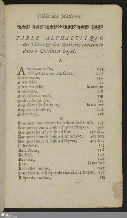 Table Alphabetique des Titres & des Matieres contenues dans le Cuisinier Royal