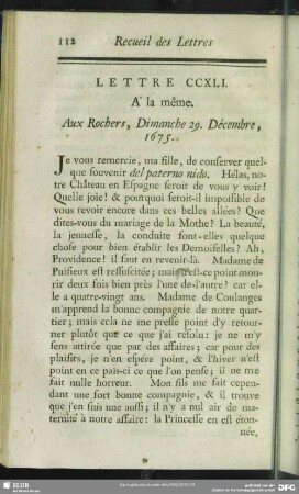 Lettre CCXLI. A la même. Aux Rochers, Dimanche 29. Décembre, 1675