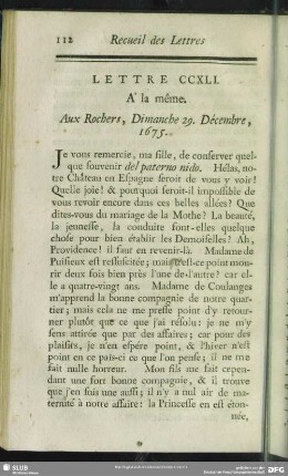 Lettre CCXLI. A la même. Aux Rochers, Dimanche 29. Décembre, 1675
