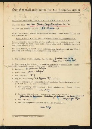Rose Theater (auch: Ostend Theater, auch: Carl-Weiß-Theater), Berlin: Fragebogen für das Handbuch »Das Deutsche Theater«, vierseitiges Dokument