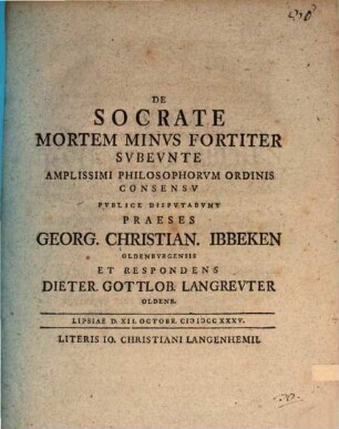 De Socrate Mortem Minvs Fortiter Svbevnte