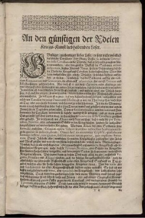 An den günstigen der Edelen Kriegs-Kunst liebhabenden Leser