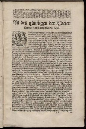 An den günstigen der Edelen Kriegs-Kunst liebhabenden Leser