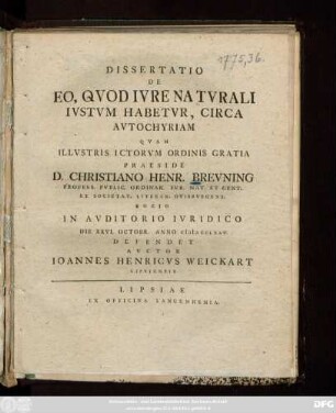 Dissertatio De Eo, Qvod Ivre Natvrali Ivstvm Habetvr, Circa Avtochyriam