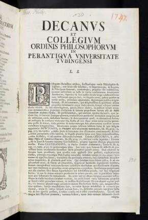 Decanvs Et Collegivm Ordinis Philosophorvm In Perantiqva Vniversitate Tvbingensi L. S.