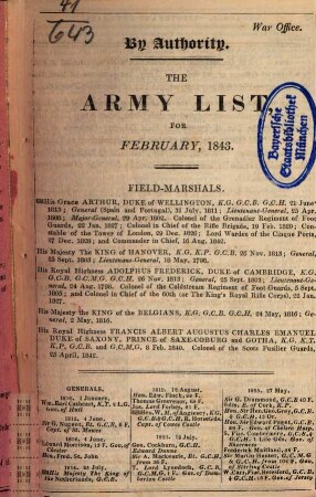The Army List : War Office. By Authority. For February 1843